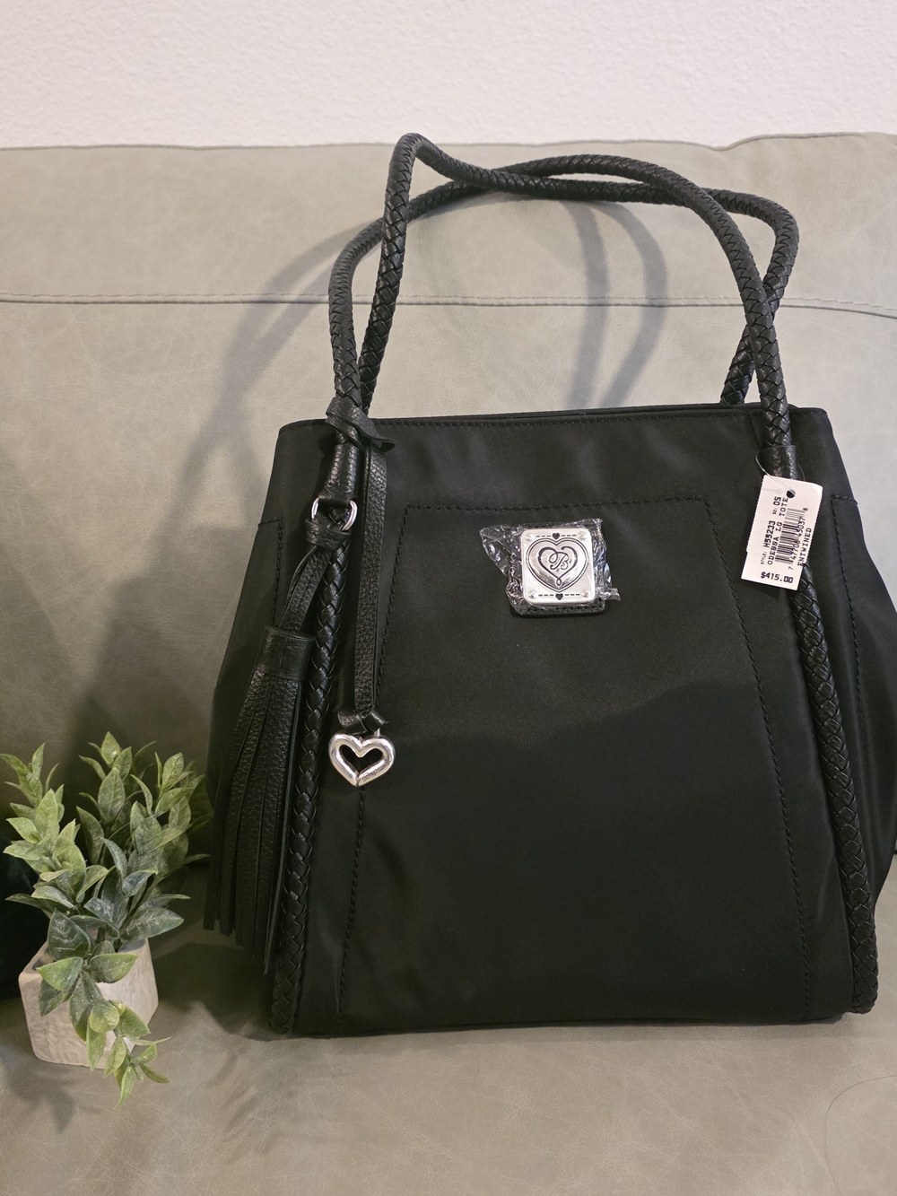BRIGHTON JEWELRY ODESSA LARGE BLACK NYLON LEATHER TOTE BAG PURSE ENTWINED NEW